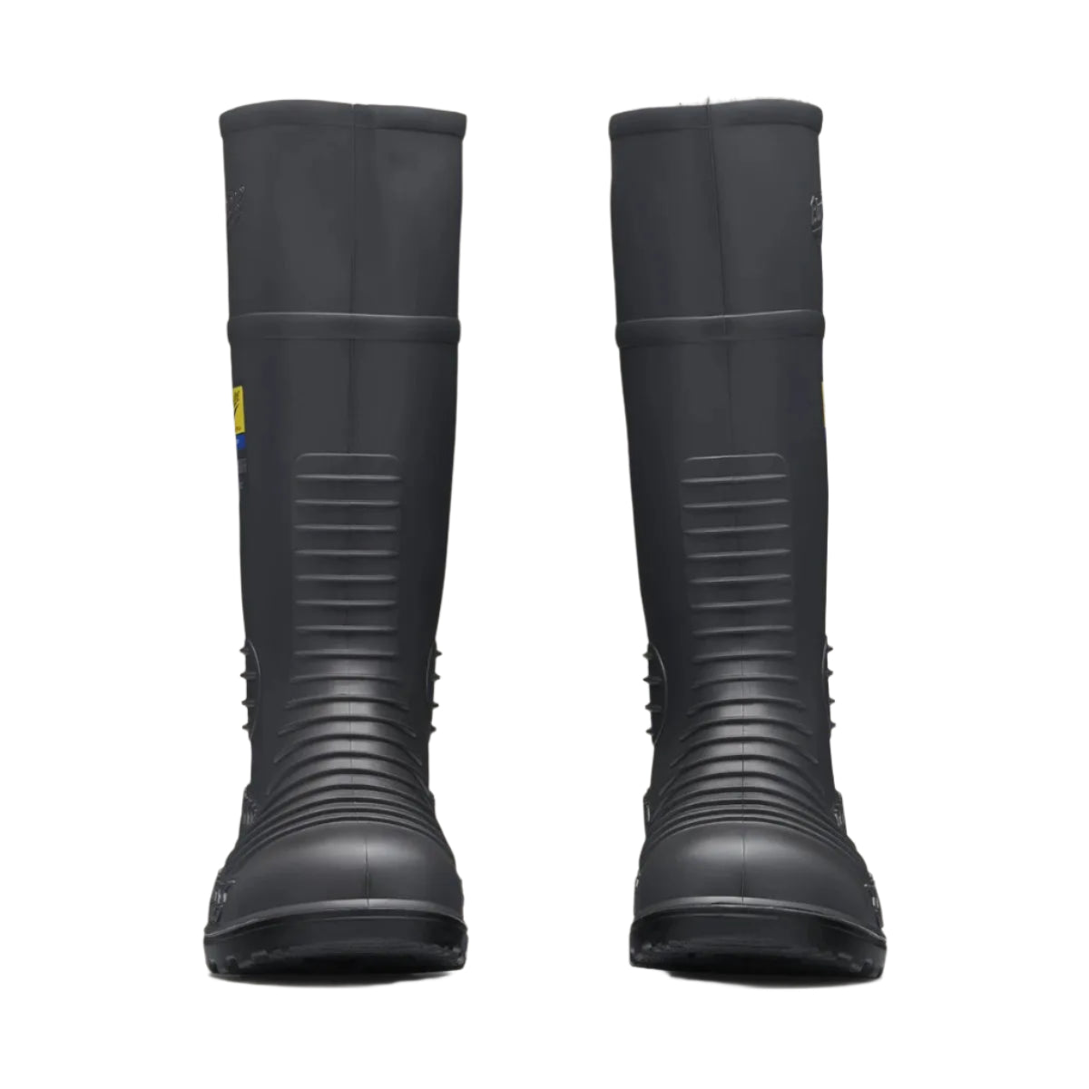 Pair of black rubber boots on a light gray background
