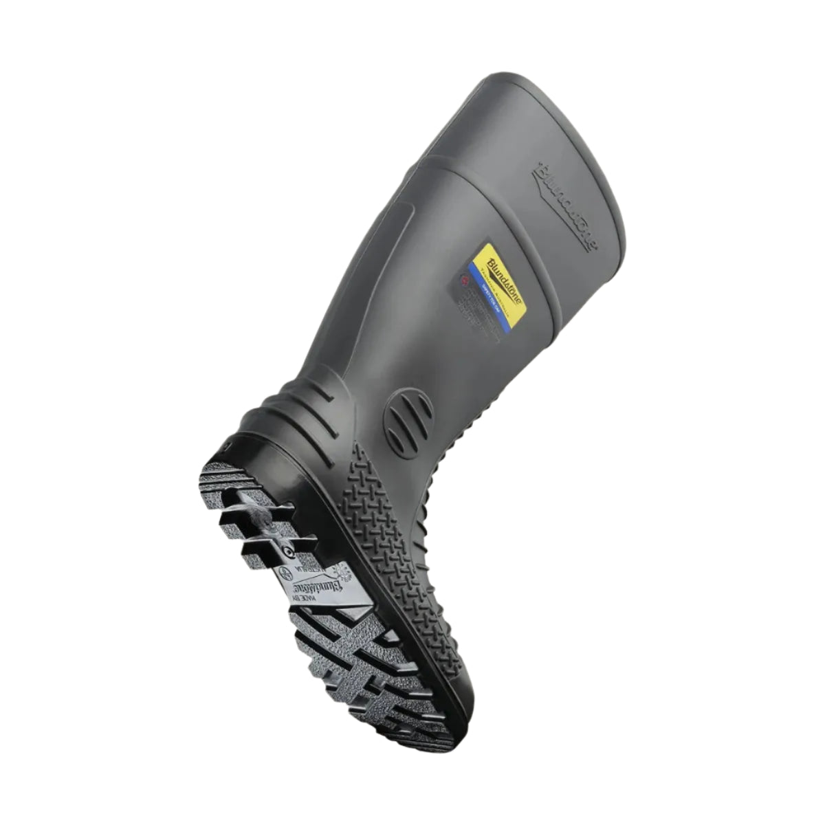 Gray rubber boot with a textured sole on a beige background