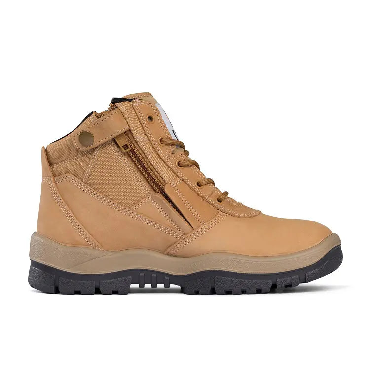 Tan high-top boot with a black sole on a white background