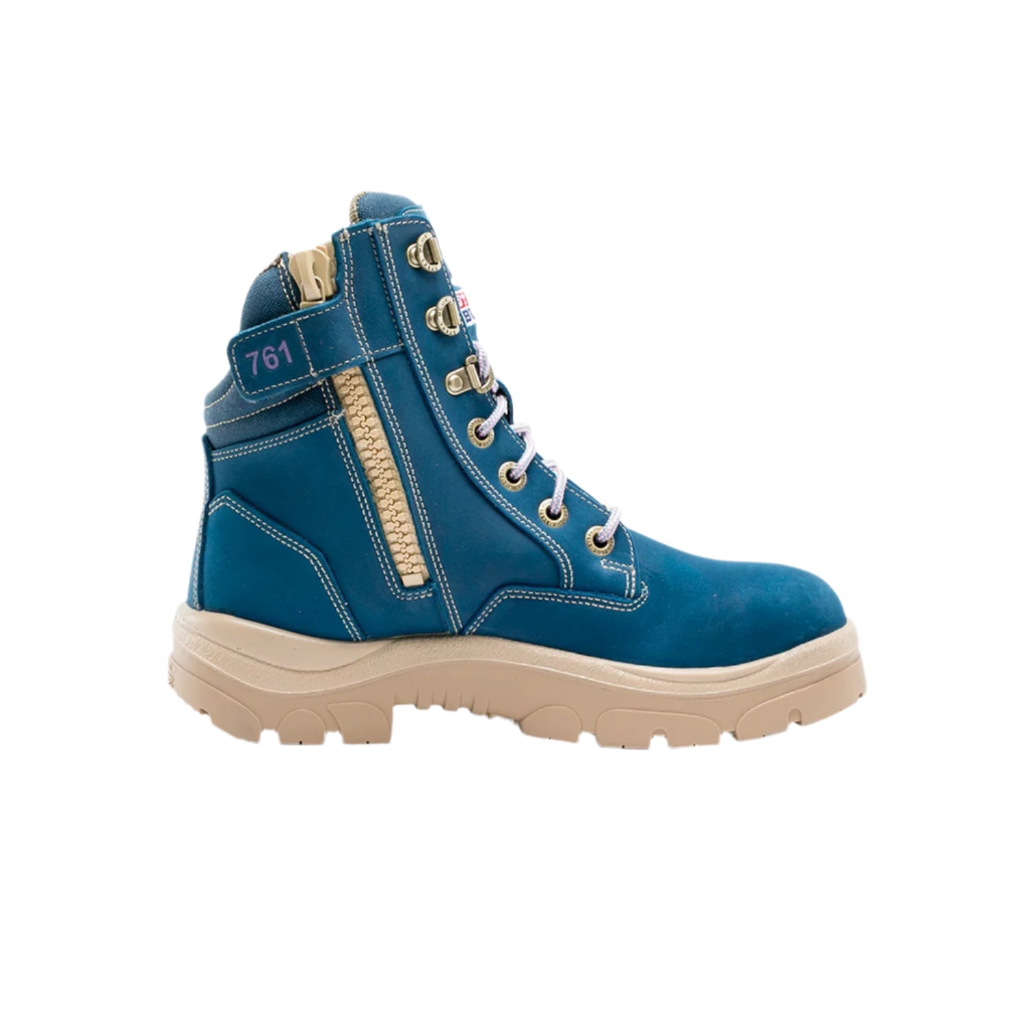 Blue boot with beige sole on a white background