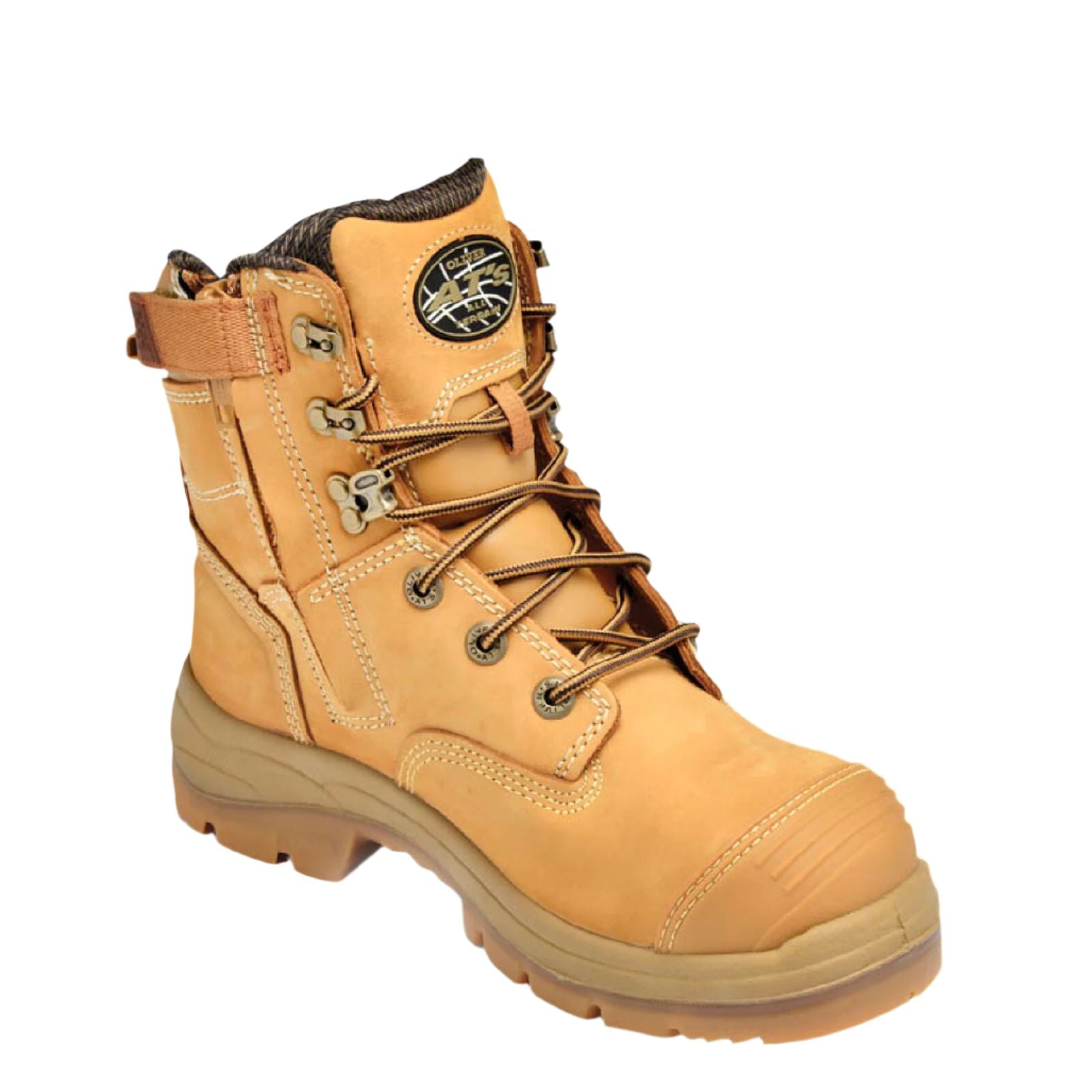 Yellow work boot with promotional text for The Boot Warehouse, Oliver brand, and free bamboo socks offer.