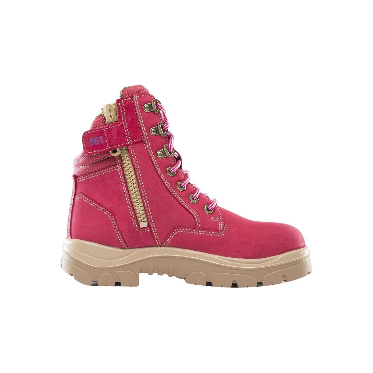 Pink boot with beige sole on a white background