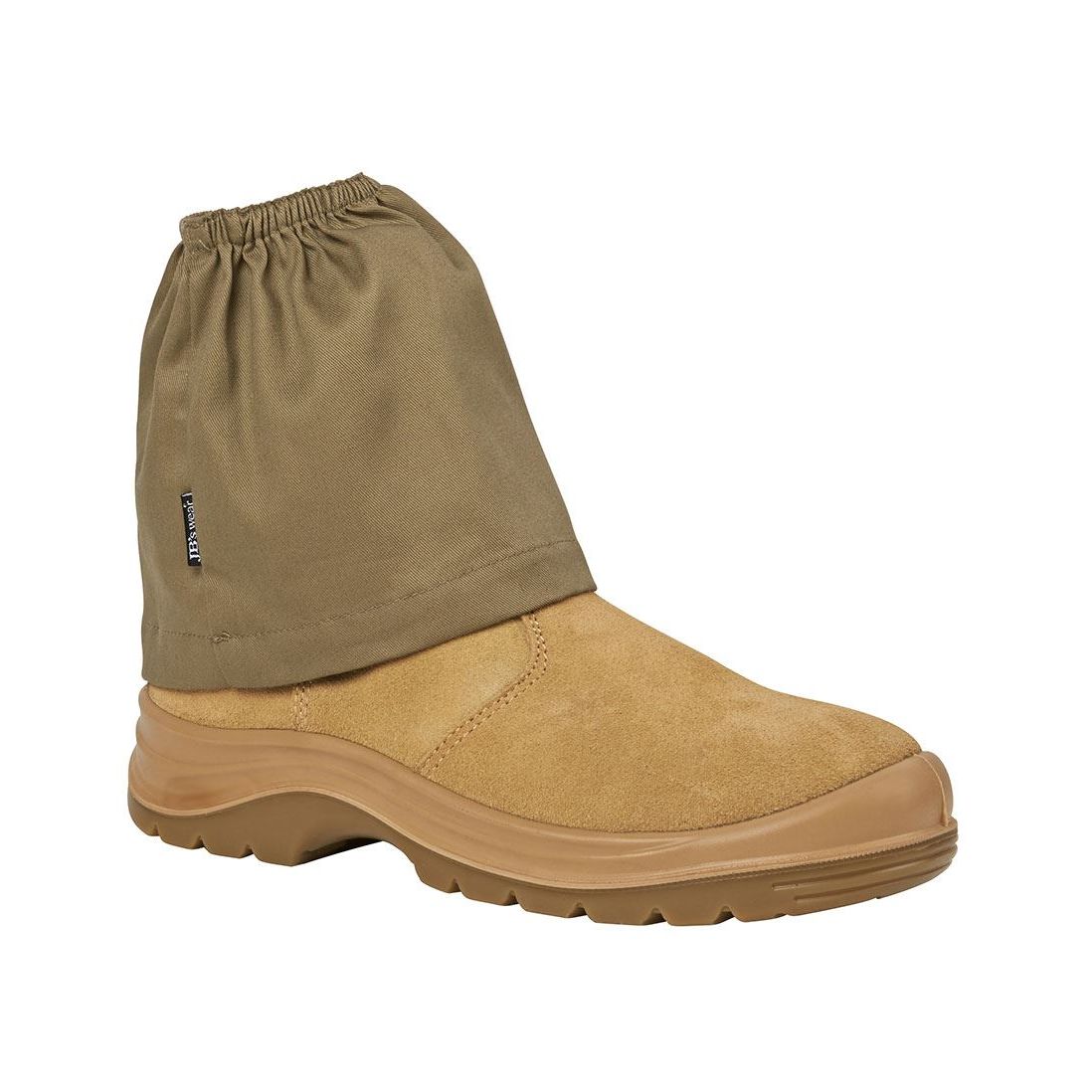 Tan boot with brown gaiter on a white background