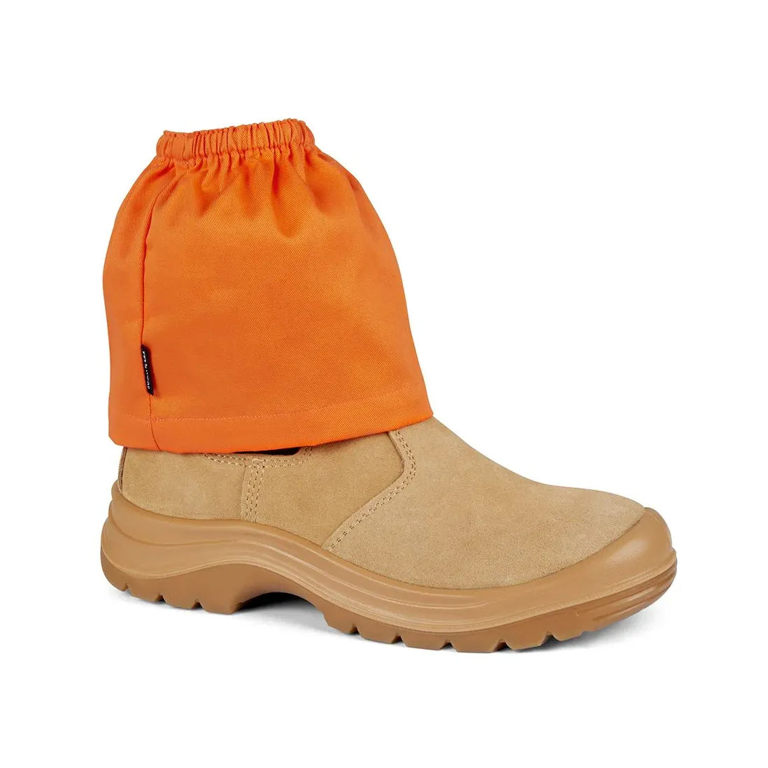 Orange gaiter over a tan boot on a white background