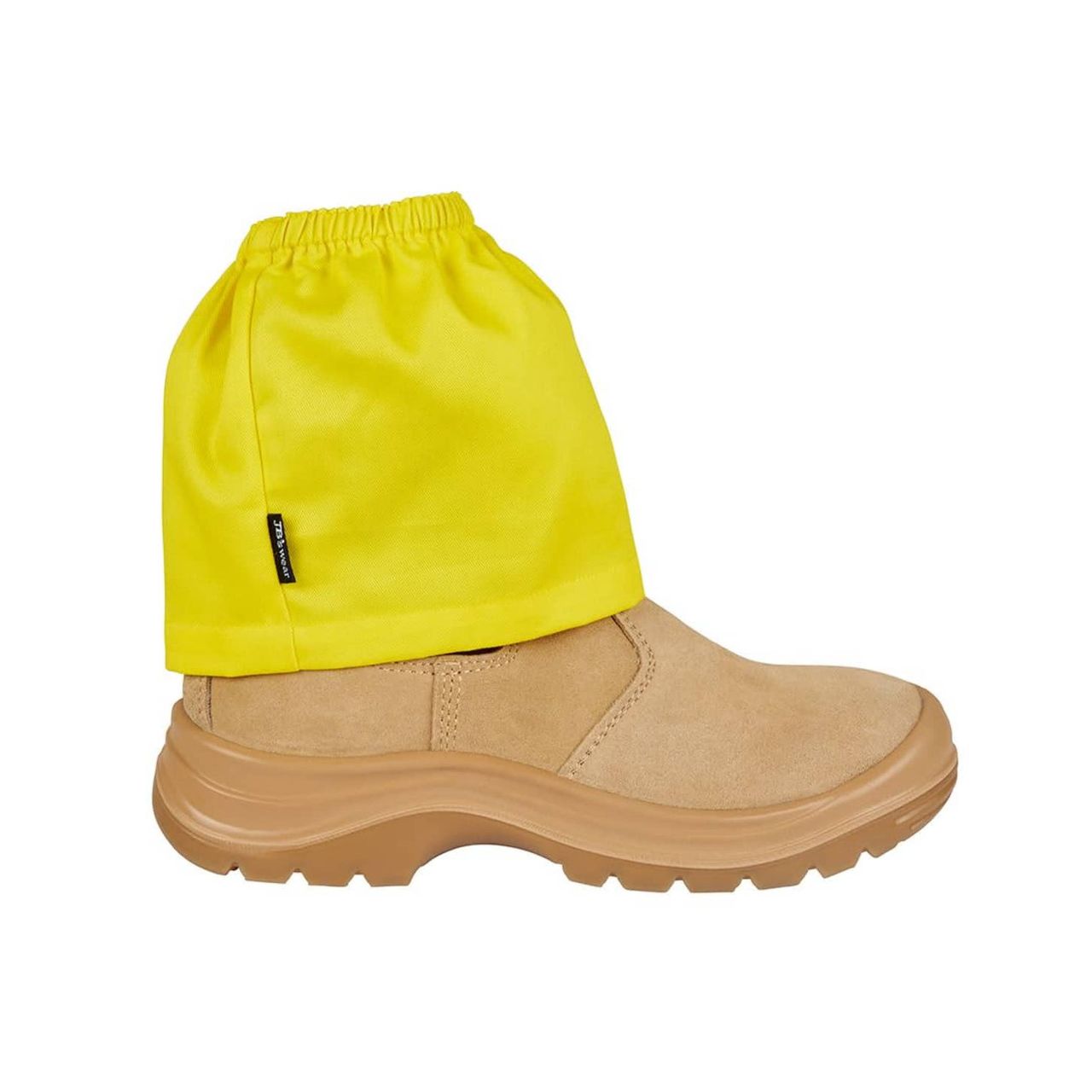 Yellow gaiters over a tan boot on a white background