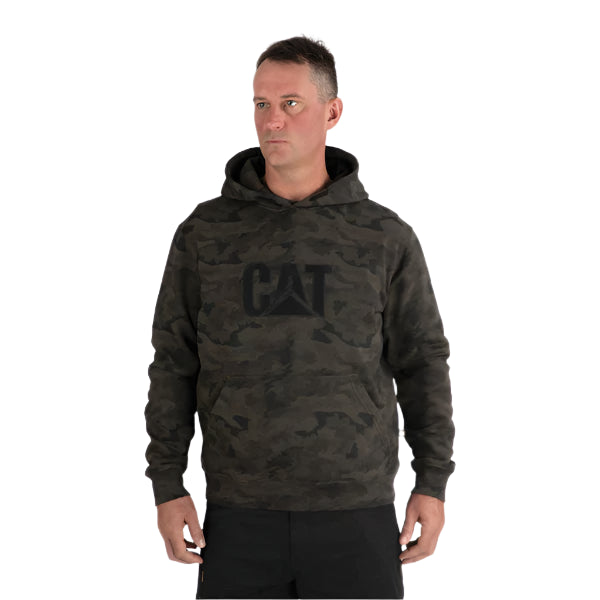 Man wearing a camouflage hoodie with a brand logo on a white background