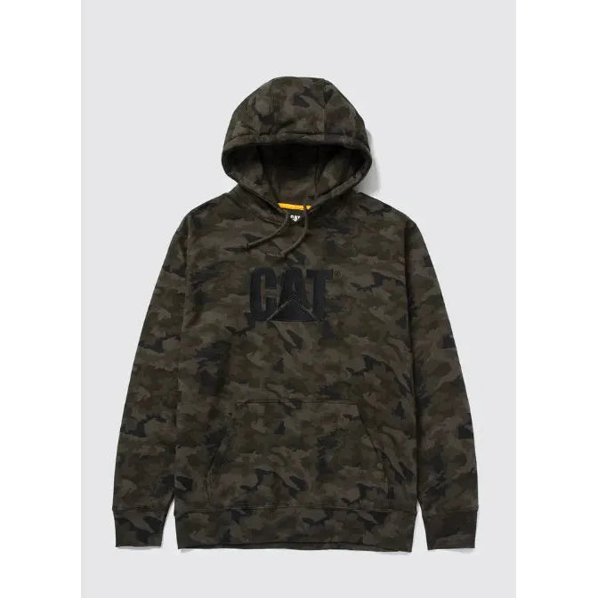 Camouflage hoodie with a brand logo on a light gray background