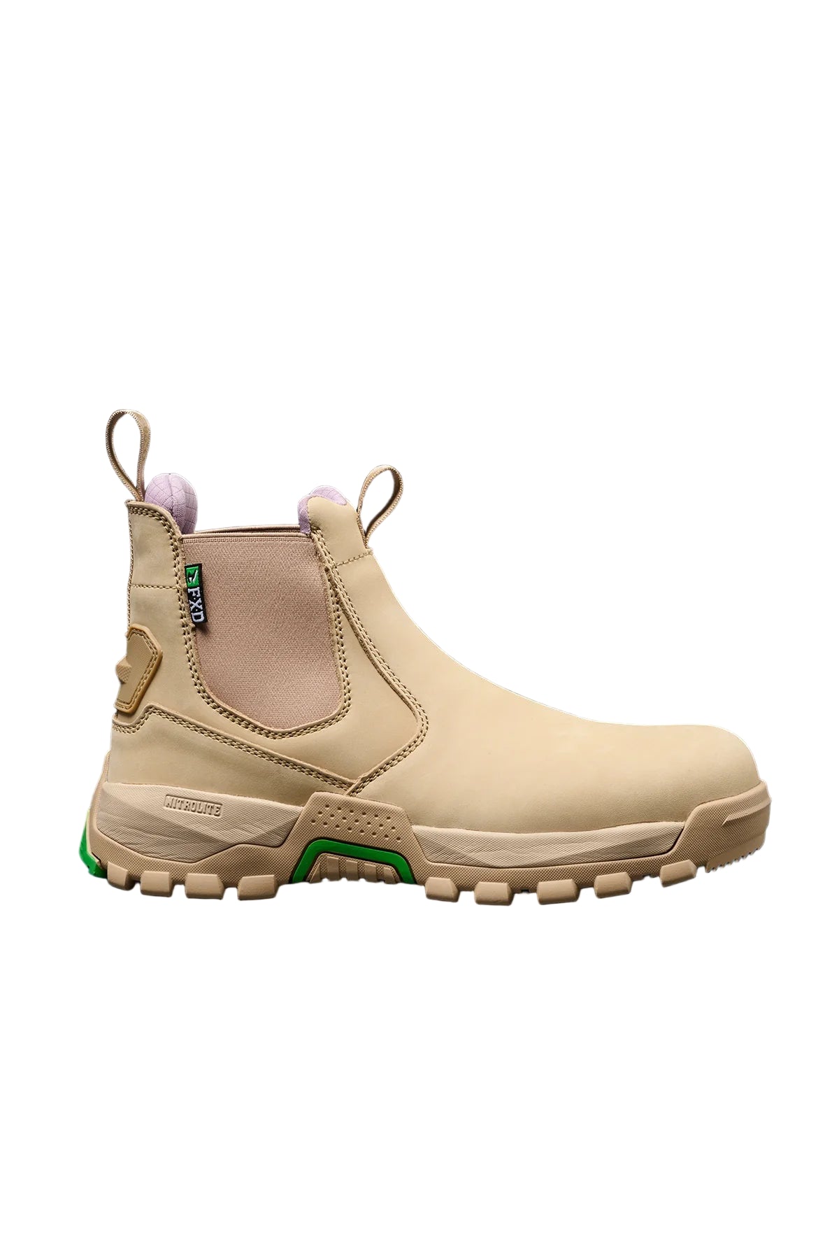 Beige boot with green accents on a dark background