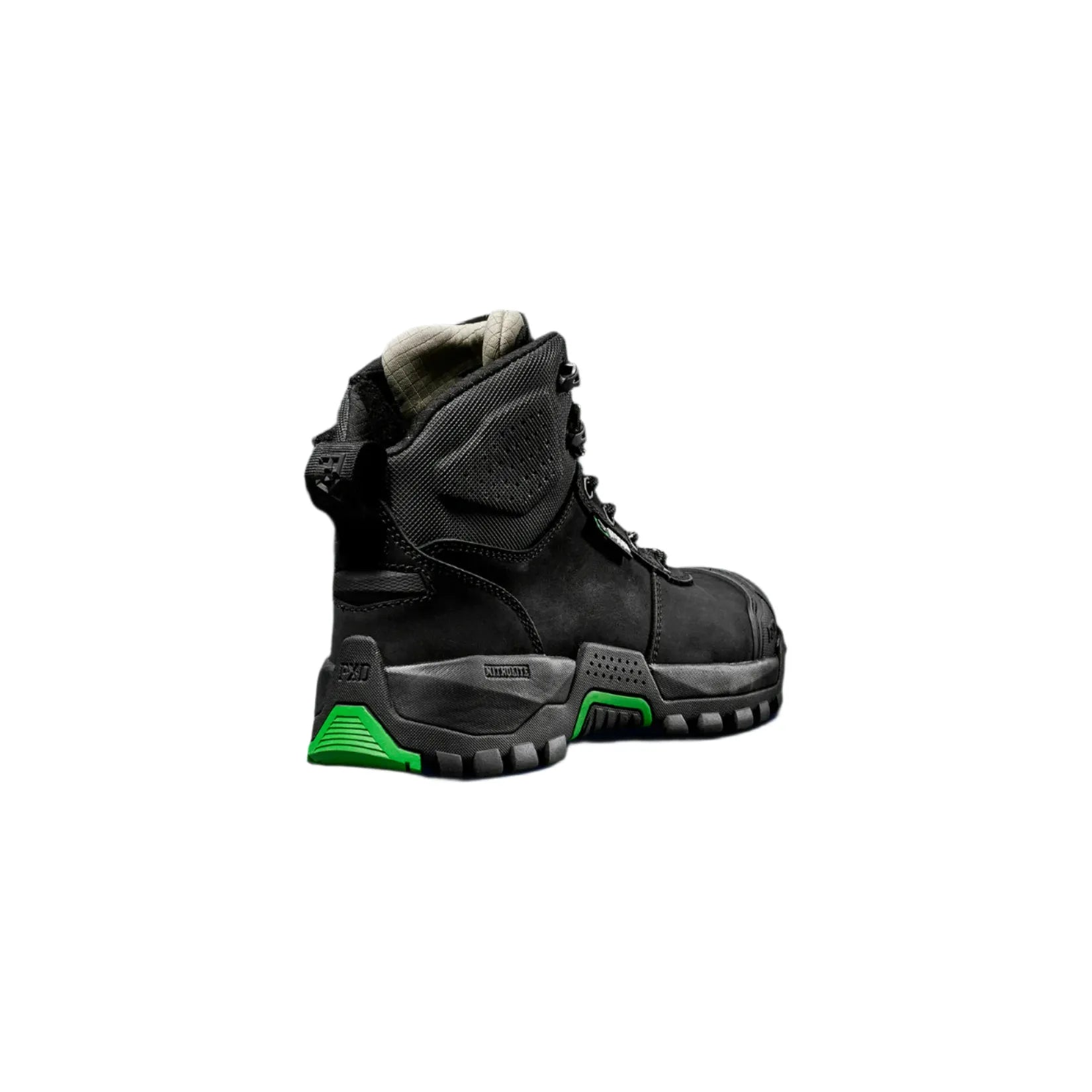Black hiking boot with green sole on a black background