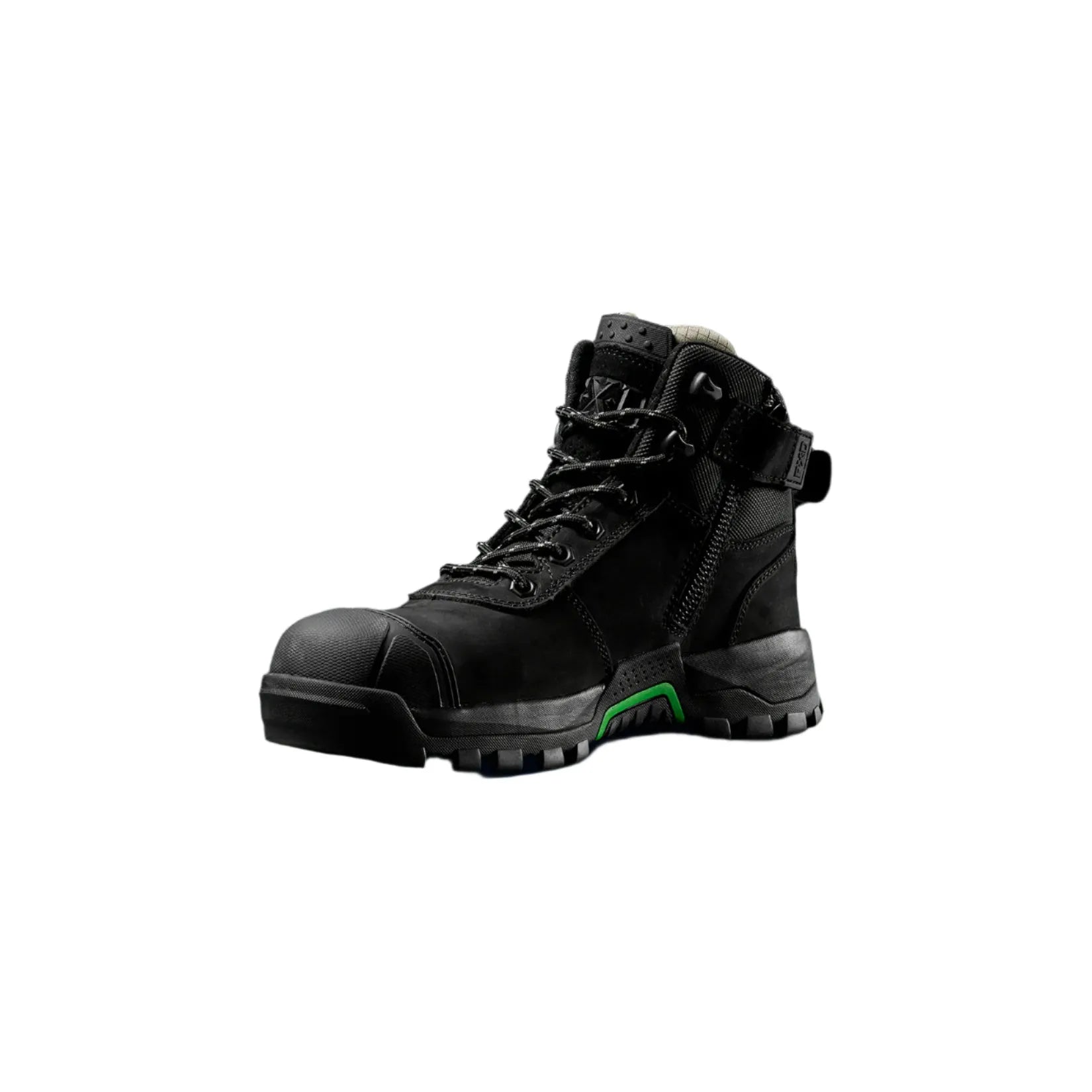 Black hiking boot with green accents on a black background