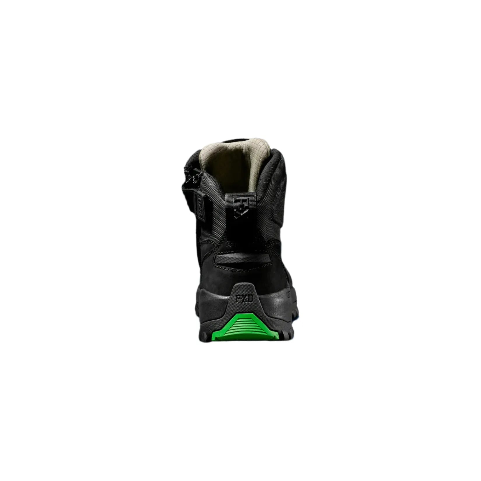 Black boot with green sole on a dark background