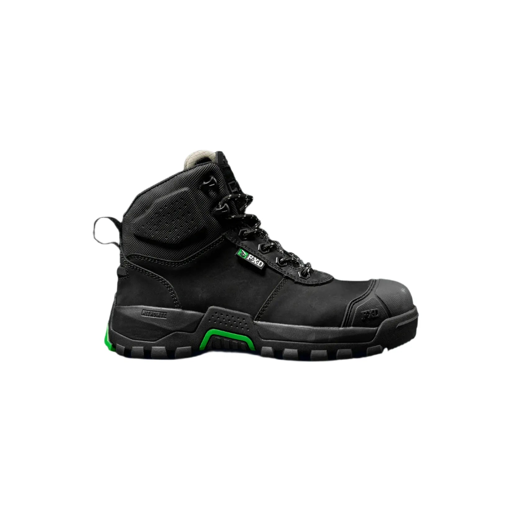 Black hiking boot with green accents on a black background