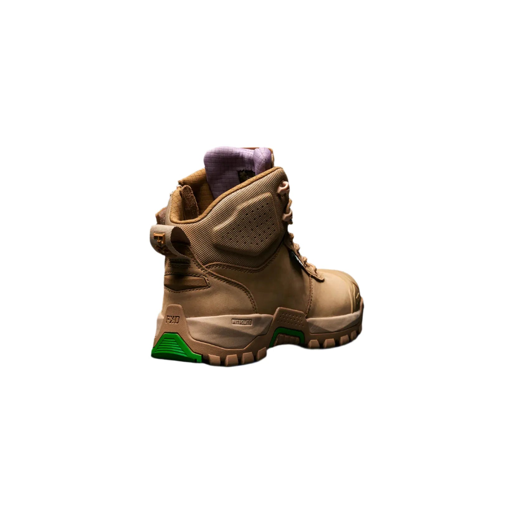 Tan boot with green sole on a black background