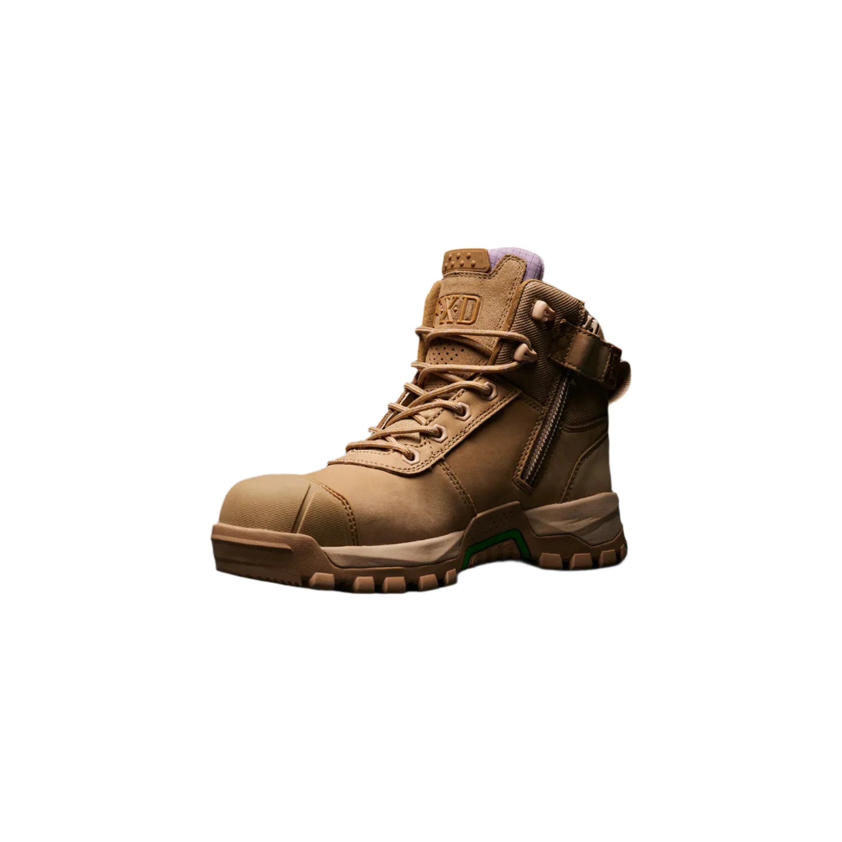 Tan boot with brand logo on a black and blue gradient background