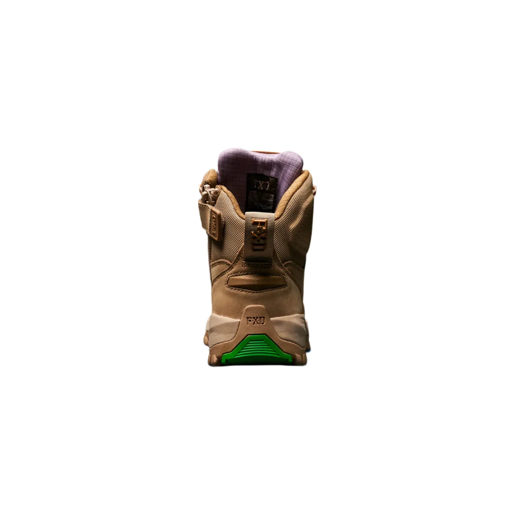 Tan boot with green sole on a black background