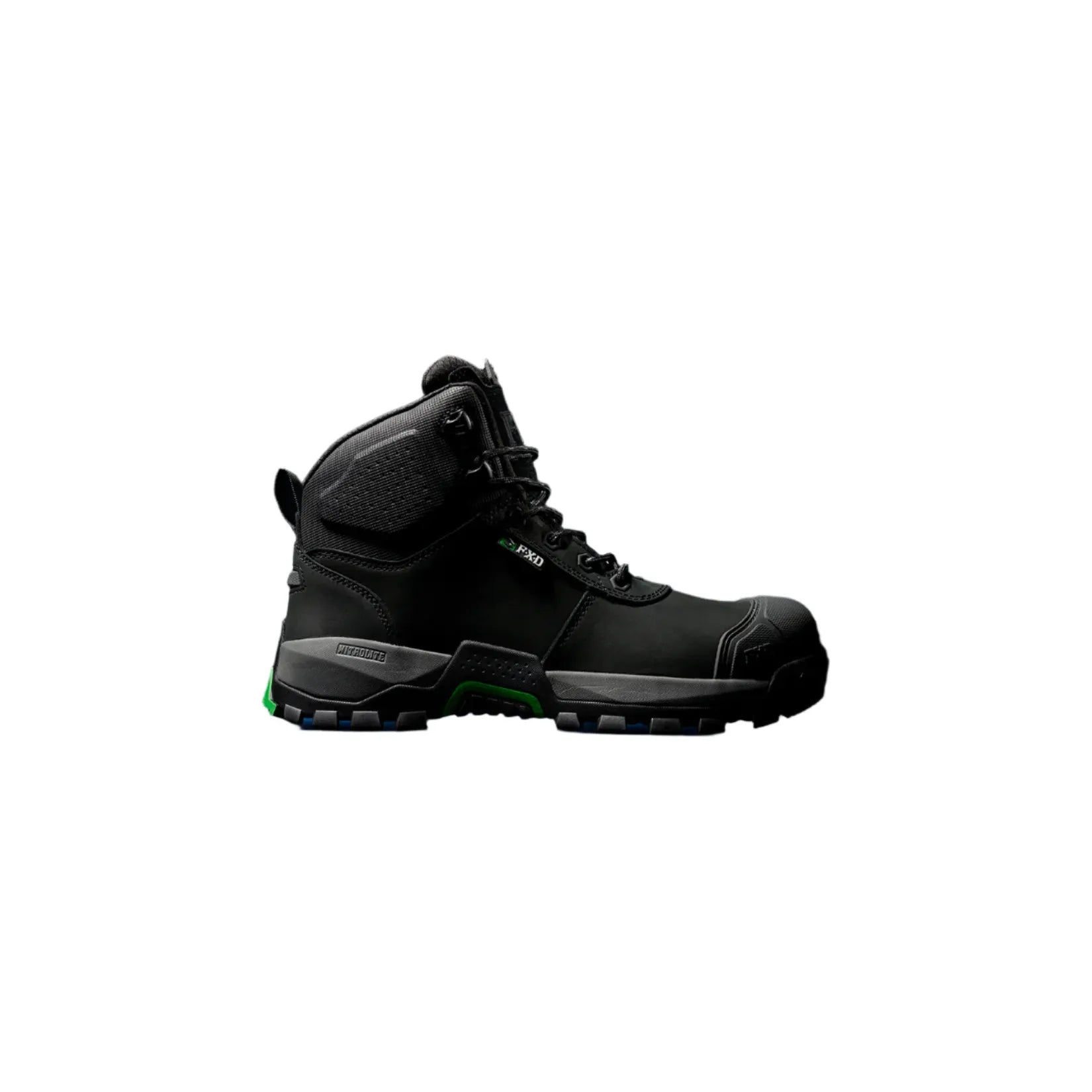 Black hiking boot with green sole on a black background