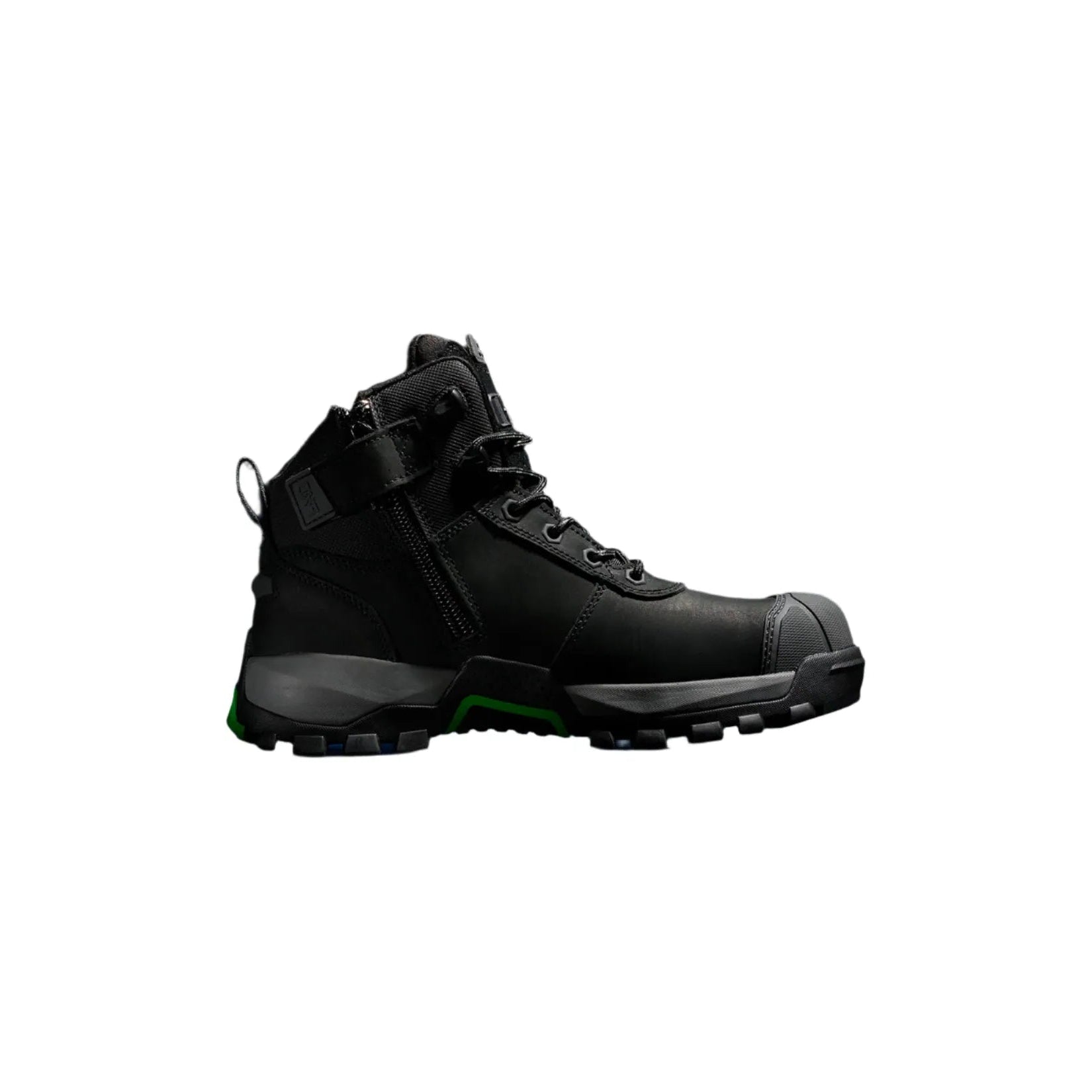 Black hiking boot with green accents on a black background