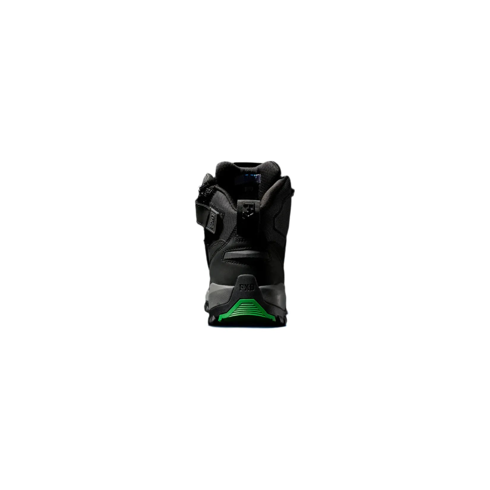 Black and gray boot with green sole on a black background