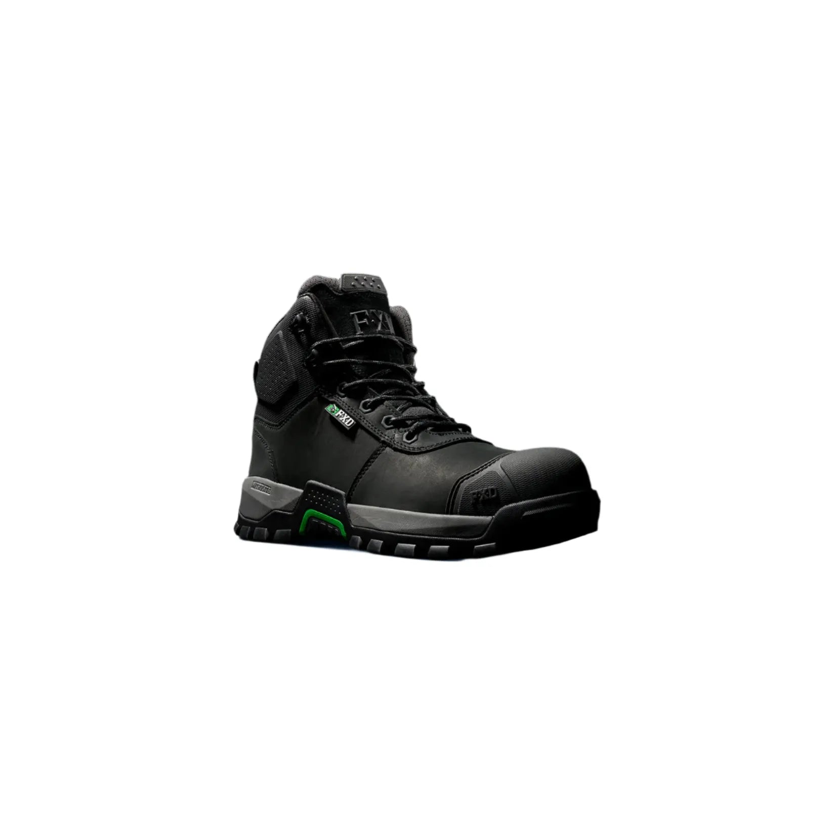 Black boot with green accents on a black background