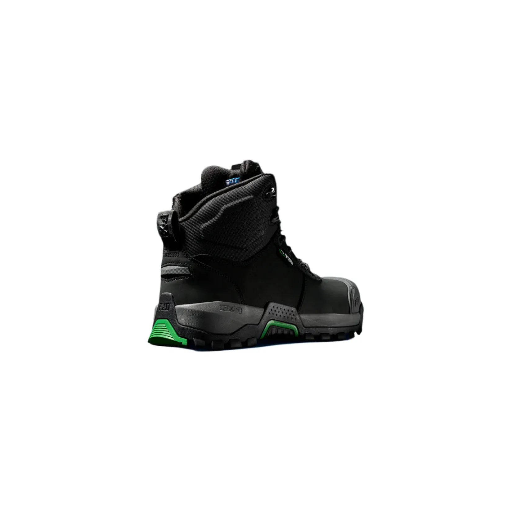 Black snow boot with green accents on a black background