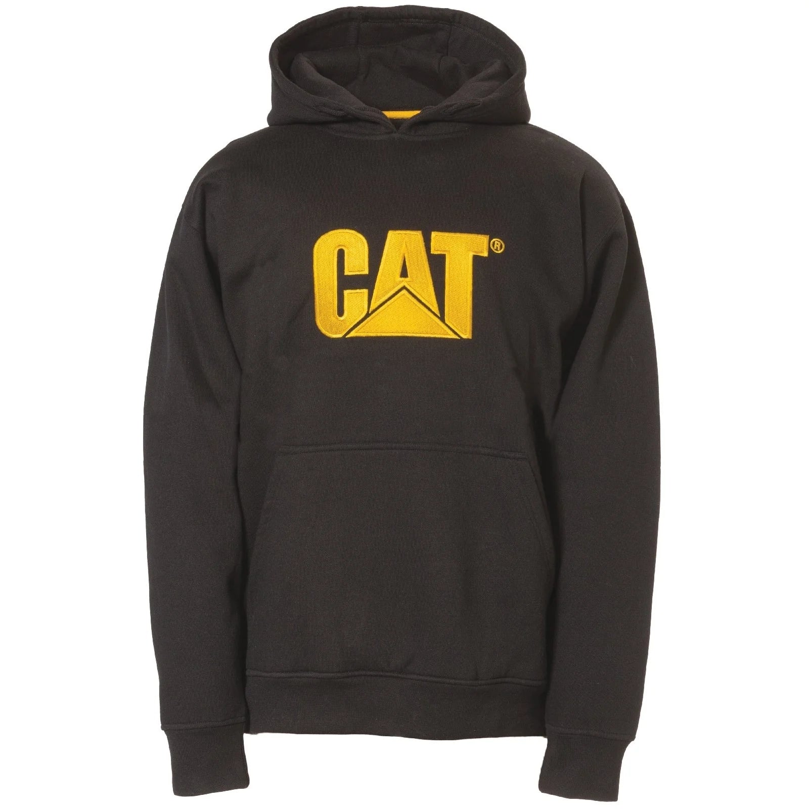 Black hoodie with yellow 'CAT' logo on a white background
