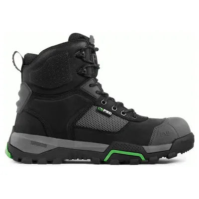 Black and gray boot with green accents on a white background
