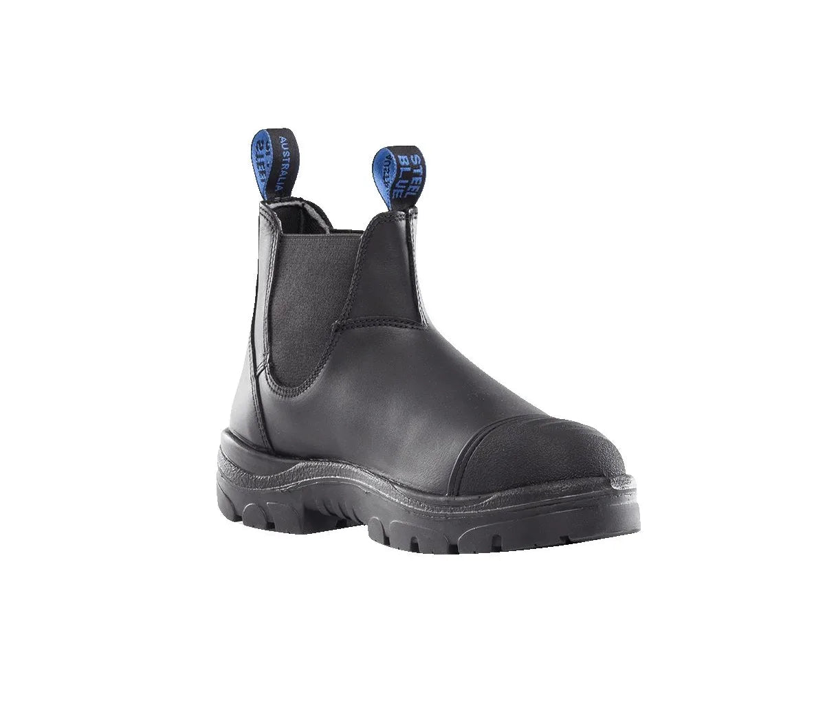 Black leather boot with a white background