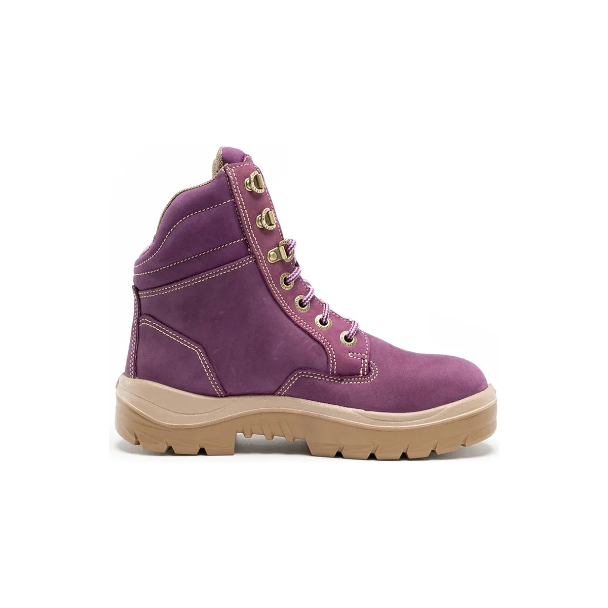Purple boot with beige sole on a white background