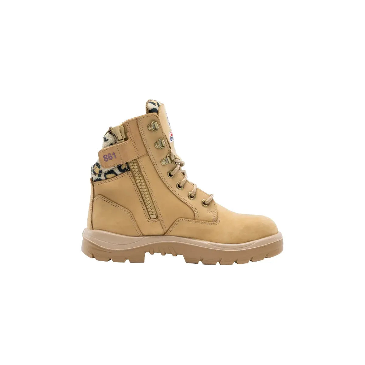 Tan boot with patterned lining on a white background