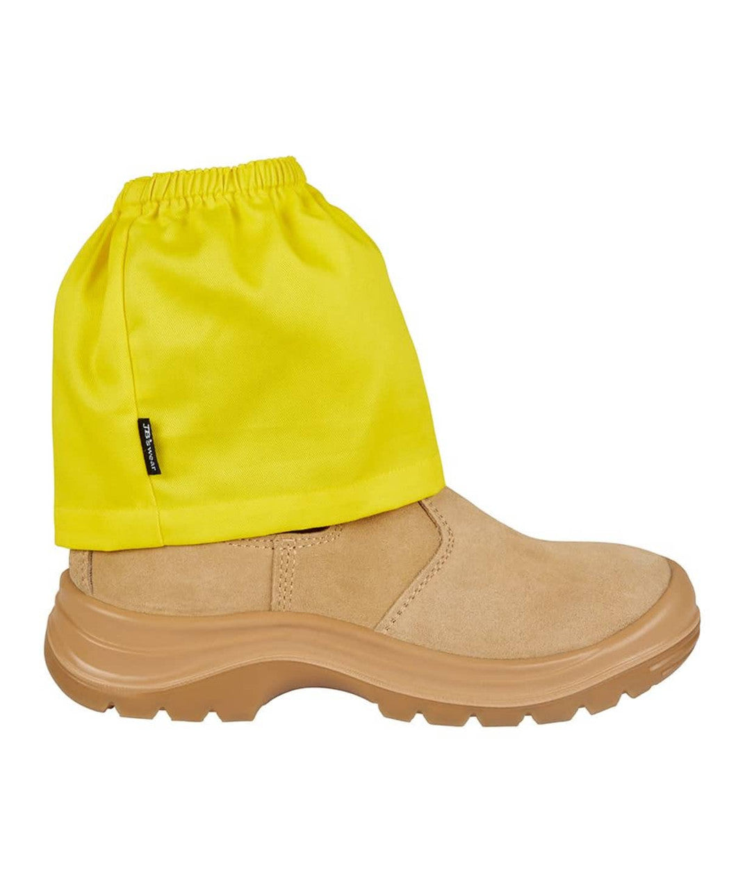 Yellow gaiters over a tan boot on a white background
