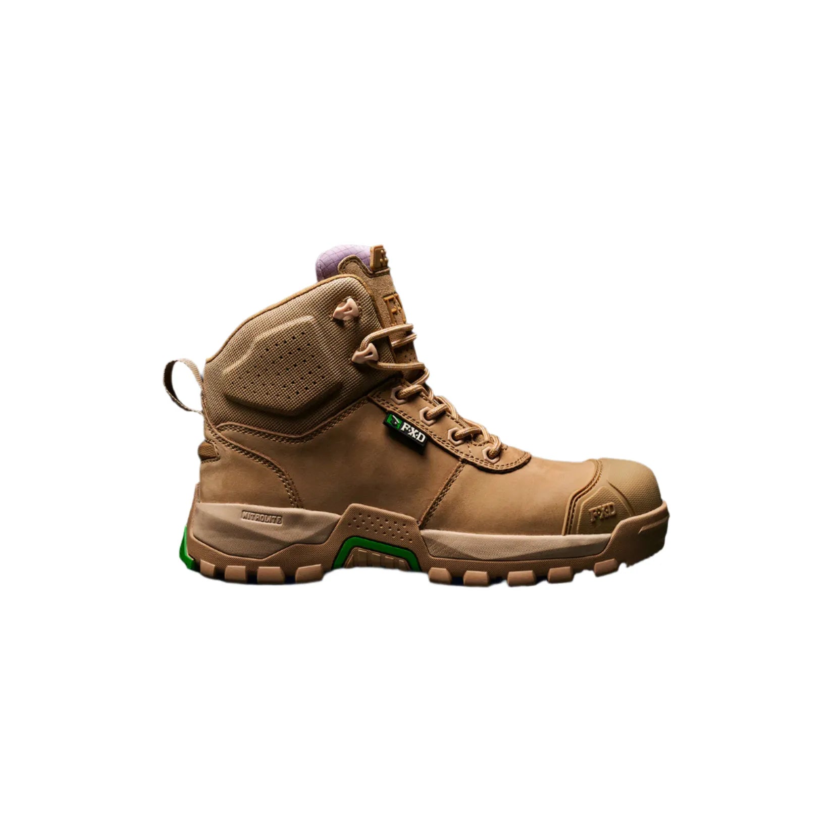 Tan boot with green accents on a black background