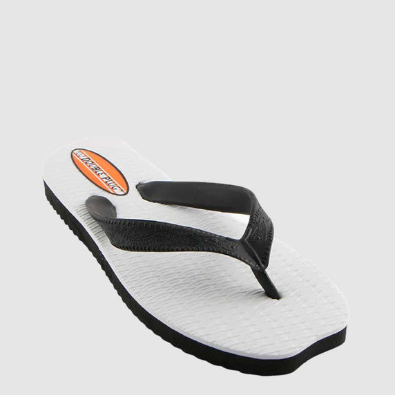 White flip-flop with black straps on a light gray background
