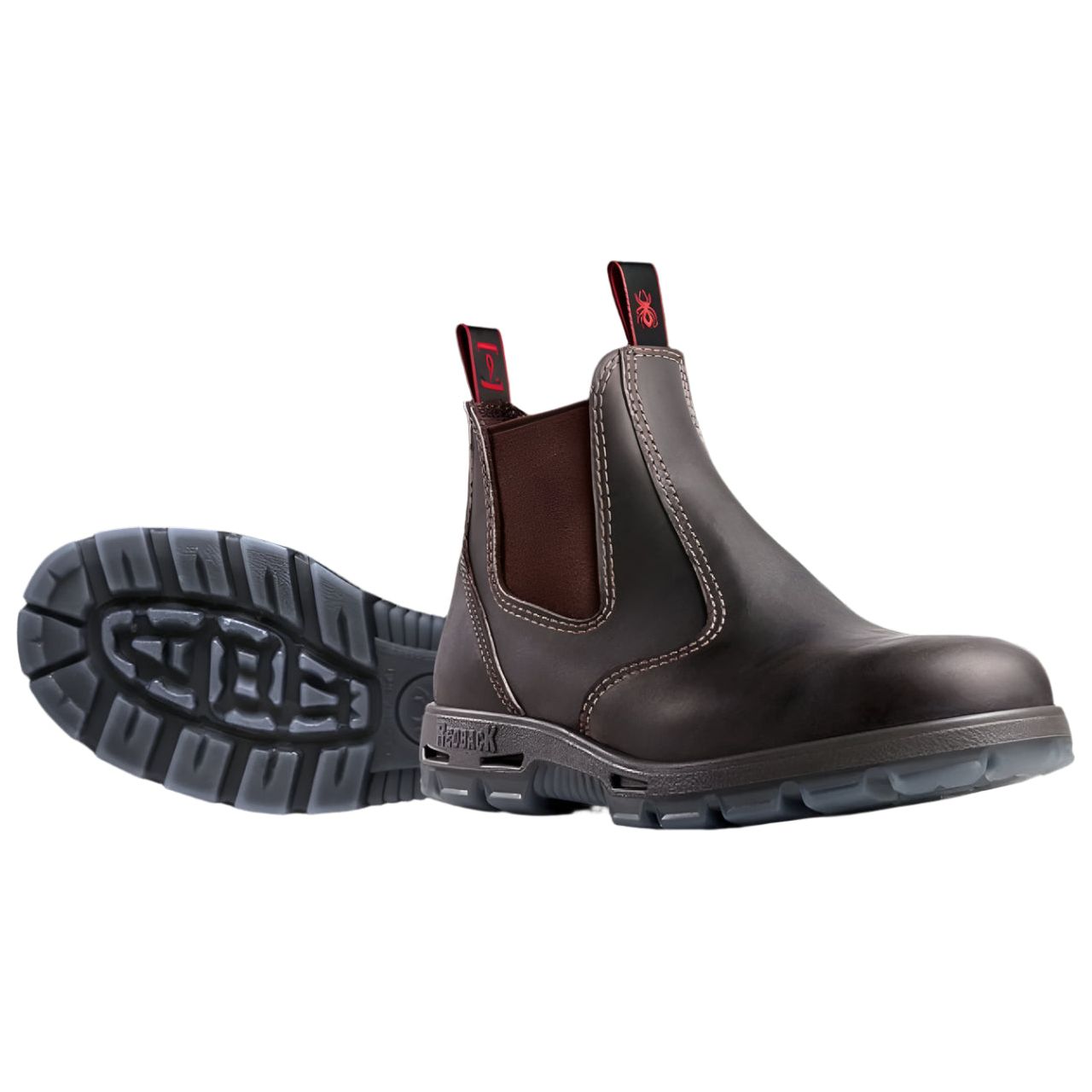 Brown leather boot with a visible brand logo on a black background